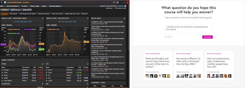 Экран от Thomson Reuters Eikon (слева) и экран от FutureLearn (справа).